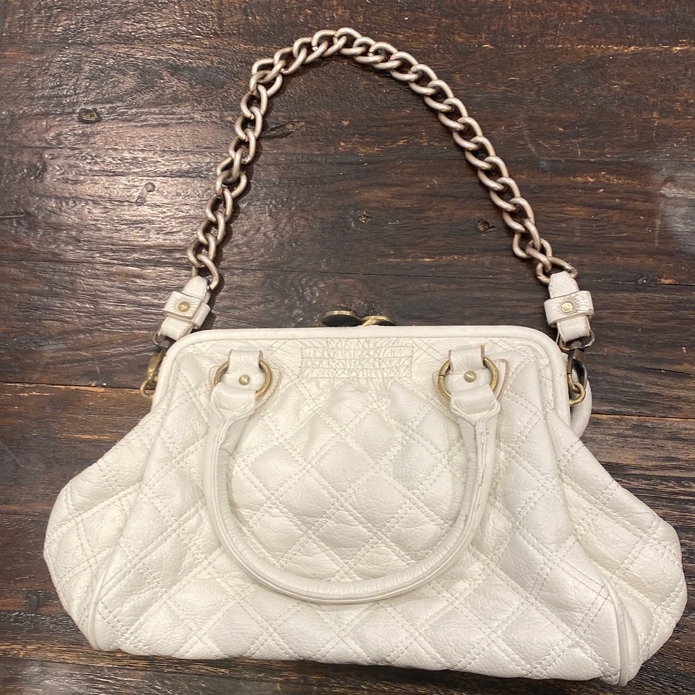 White Leather Quilted Purse With Clasp Closure and Gold Chain